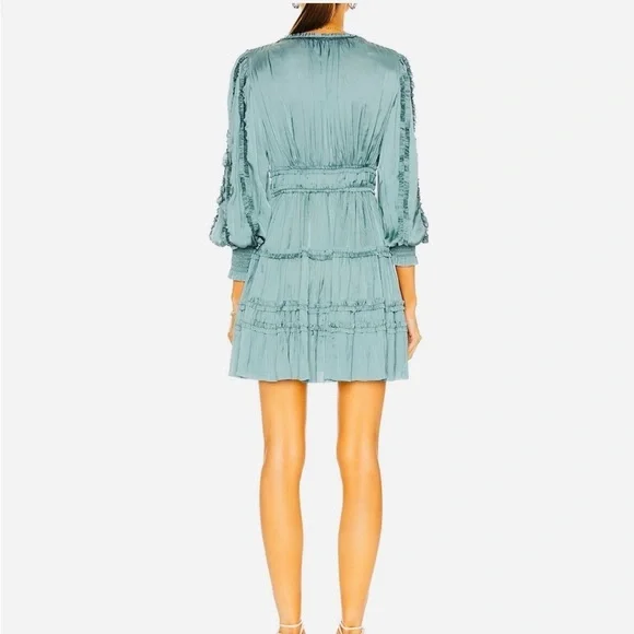 Ulla Johnson Gemma Teal Satin Long Sleeve Mini Dress - Picture 2 of 5